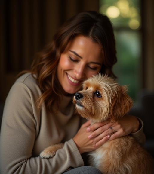 The founder of Furry Tapestry smiling while petting a small, happy dog.