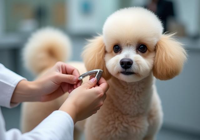 A professional groomer carefully styling a poodle's coat.